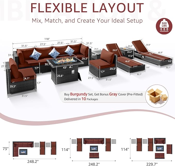NICESOUL 11 Piece Outdoor Furniture with Fire Pit Propane/Gas, 29.3'' High Back Patio Sectional with Fire Pit & Chaise Lounge, 500 lbs Heavy Duty Large Deep Couches, 2 Color Cushion Burgundy & Gray