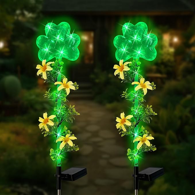 ST Patrick's Day Decorations Outdoor,2 Pack Shamrock Solar Lights Outdoor,Solar Powered Green Fairy Lights Holiday Decorations for Yard,Lawn,Garden Stkae