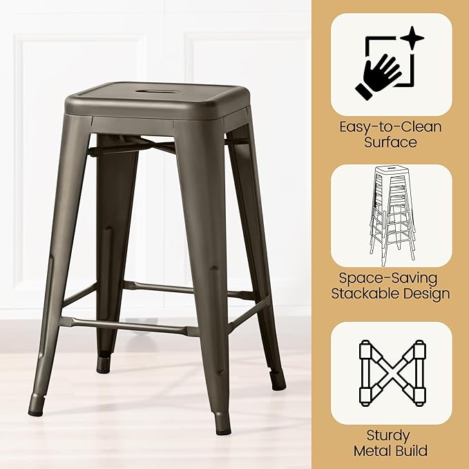Yaheetech 24 Inch Metal Barstools Set of 4, Counter Height Backless Stools, Industrial Stackable Bar Chairs with Footrest for Kitchen/Dining Room/Bistro/Patio, Metal