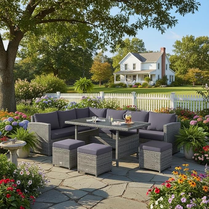 Tangkula 7 Pieces Patio Furniture Set, Outdoor Sectional Rattan Dining Sofa Set with Cushions, All Weather Wicker Conversation Couch Set with Dining Table & Ottomans for Yard Garden Poolside, Grey