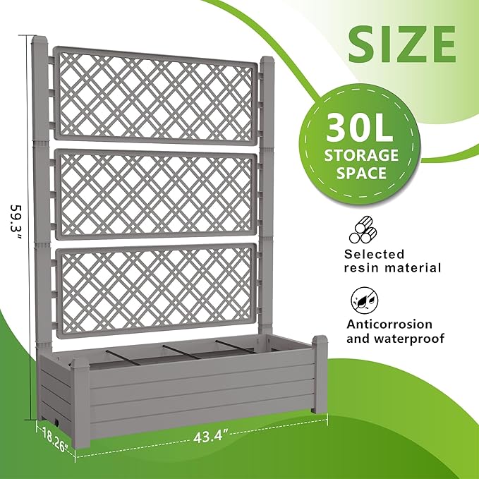 EasyUp Raised Garden Bed with Trellis for Climbing Plants, Raised Herb Garden Bed with Drainage Plug & Water Level Gauge, Durable Dust-Proof Resin Planter for Patio, Balcony, Backyard