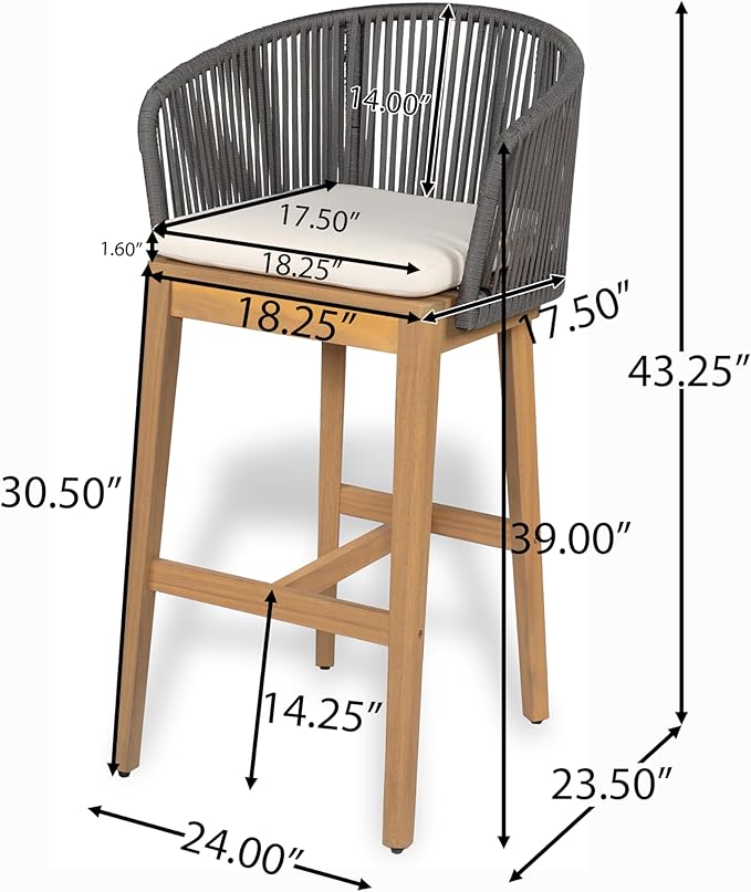 Christopher Knight Home Zax Set of 2 Patio Barstool, Acacia Wood & Rope Outdoor Counter Stool with Backrest/Footrest, Barstool Chairs with Cushion Seating for Backyard Balcony Garden, Beige+Gray+Teak
