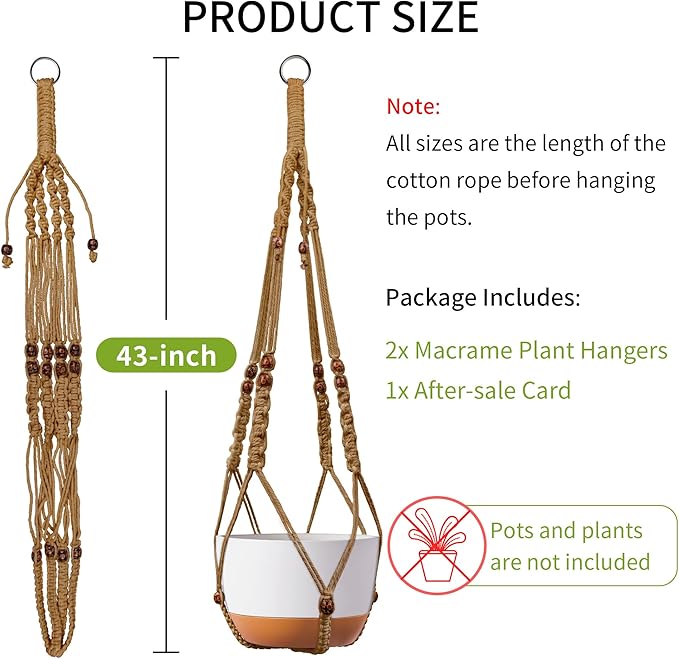 Macrame Plant Hanger - Fits 6 to 15 inches Pots for Indoor Outdoor, 43 Inch, Set of 2, Brown (POTS NOT Included)