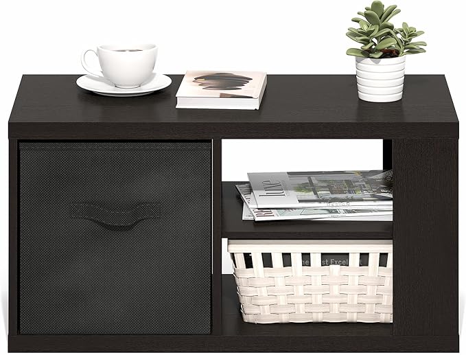 Furinno Viola Coffee Table, 3-Tier Modern Coffee Table with 1.2 Thick Tabletop, Side Table with Open Shelf and Storage Bin, for Living Room, Bedroom, Home Office, Dark Oak