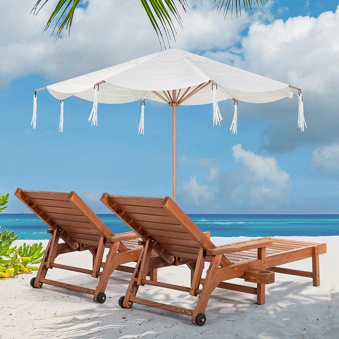 VINGLI Outdoor Chaise Lounge Chair, Wooden Patio Lounger Chair with Adjustable Backrest, Pool Chaise Lounge with Cup Holder & Wheels for Sunbathing Poolside Beach, Brown