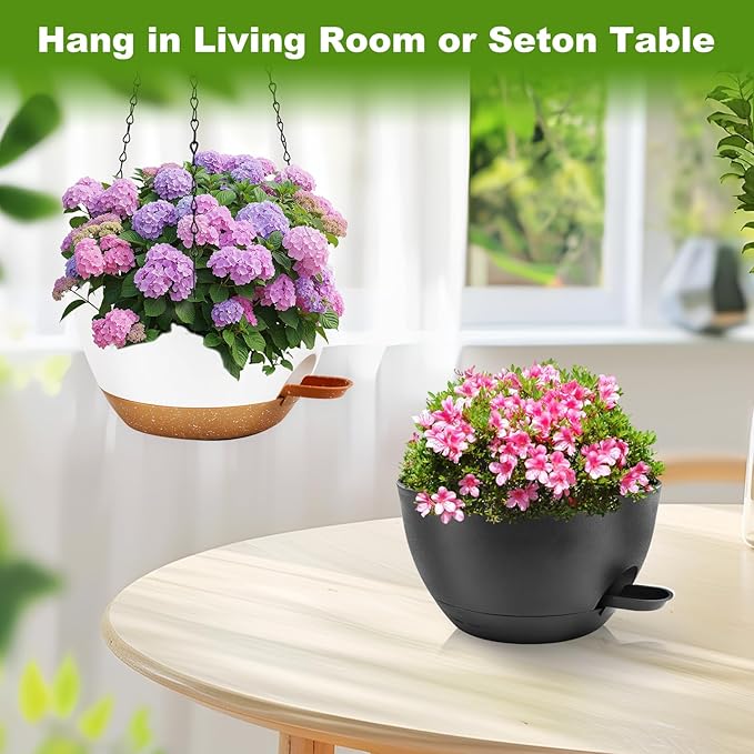 10 inch Hanging Planters for Indoor Plants, 3 Pack Self-Watering Hanging Planter Pots with Chain and Drainage Holes, Outdoor Plastic Hanging Baskets for Garden Home Decor