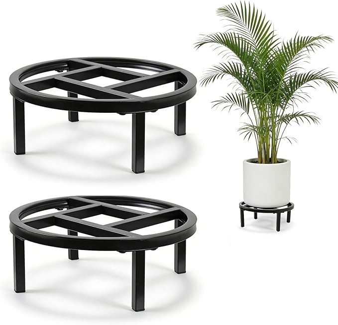 Metal Plant Stand Indoor Outdoor, Heavy Duty Plant Riser, Sturdy Flower Pot Holder Low Planter Stand, Single Flower Pot Stands, Modern Planter Stool for Indoor Plants (Black, 11.8"-2PCS)