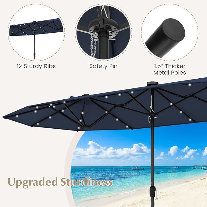 Tangkula 9 Pieces Rattan Outdoor Dining Set with 13Ft Solar Patio Umbrella for 6, Outdoor Wicker Table Set with 8 Cushioned Chairs, Acacia Wood Top, Outdoor Umbrella with Base Included