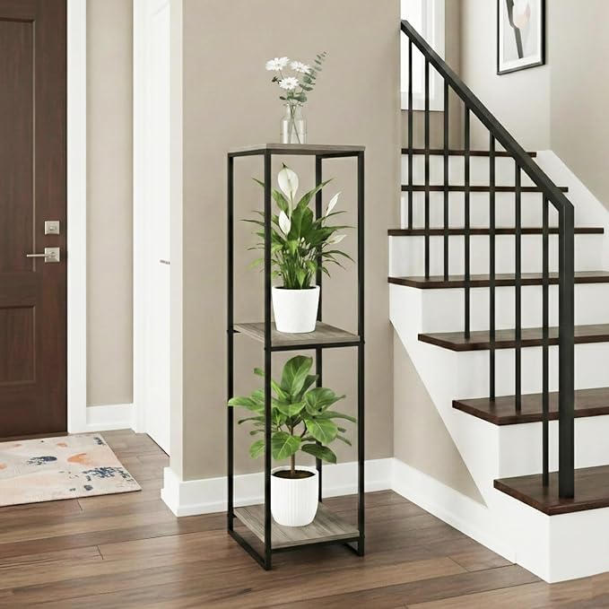 46" Tall Plant Stand Indoor, 3-Tier Modern Plant Shelf, Corner Flower Pot Holder Organizer for Living Room Balcony Patio Garden (Oak Grey)