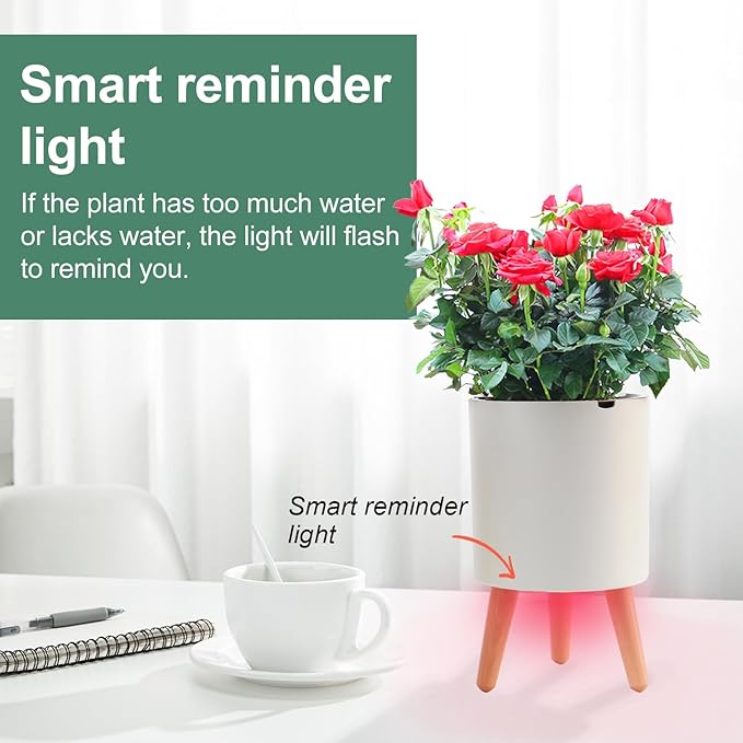 7.8 Inch Planter Pot with Solid Wood Legs, Self Watering Planter Pots with Water Shortage Alarm Planter Pot for Indoor Outdoor Modern Flower Planter for Home & Garden(White)
