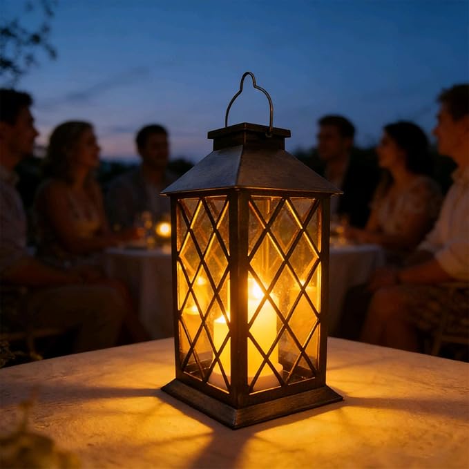 Solar Outdoor Lantern, Garden Hanging Waterproof Lanterns PVC Upgrade 3 LED Flickering Flameless Candle Decorative for Garden Women Mom Grandma Halloween Gifts (Grid Candle)