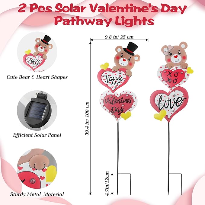 Lewondr 2 Pcs Valentine's Day Decorations Outdoor, Metal Solar Pathway Lights, Love Bear Decorative Garden Stakes Lights with 12 LED Beads, Waterproof Yard Signs for Porch Lawn Wedding Anniversary
