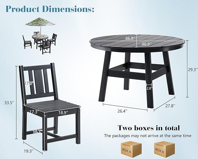 AMERLIFE 5 Piece HDPE Outdoor Dining Table & Chairs Set, All-Weather Patio Table and Chairs Set Furniture with Umbrella Hole for Garden, Backyard, Poolside, Seaside, Black