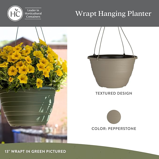 The HC Companies 13 Inch Wrapt Hanging Planters, Lightweight UV-Resistant Plastic Hanging Planters for Indoor & Outdoor Plants, 2-Pack Hanging Flower Pots for Garden, Patio & Home Decor, Pepperstone