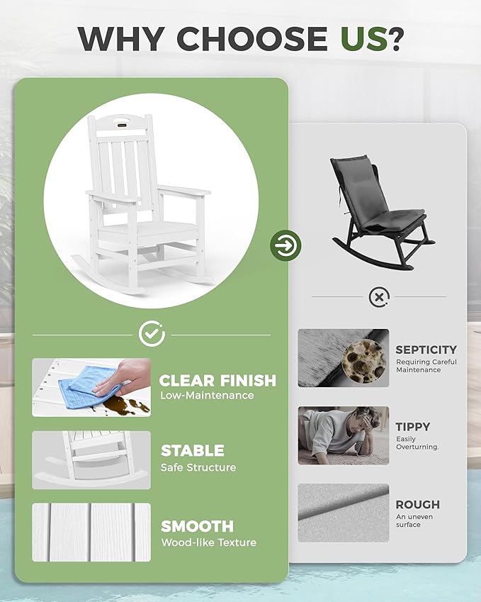 Oversized Outdoor Rocking Chair, High Back Patio Rocking Chair, HDPE All Weather Resistant Rocking Chairs for Patio,380lbs Weight Capacity, White