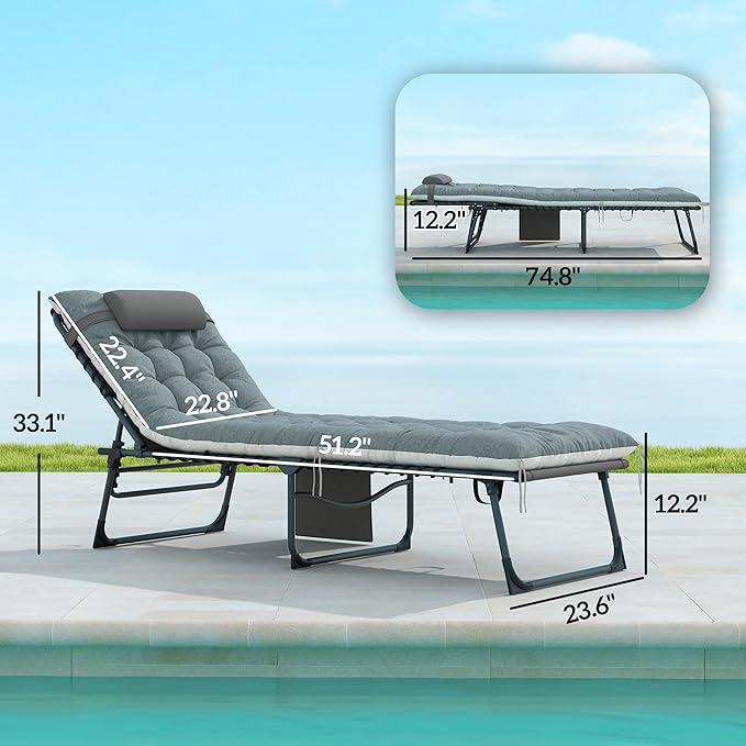 Outsunny Chaise Lounge Chair Outdoor Set of 2, 5-Position Adjustable Outdoor Pool Lounge Chairs, Folding Tanning Chair Beach Lounger with Cushion, Headrest, Side Pocket for Patio, Yard, Gray