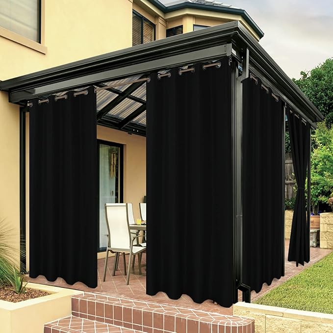 BONZER Waterproof Outdoor Curtains for Patio Porch Pergola Cabana Light Filtering Privacy Grommet Indoor Curtain Panels for Bedroom Living Room, 1 Panel, 54W x 108L inch, Black
