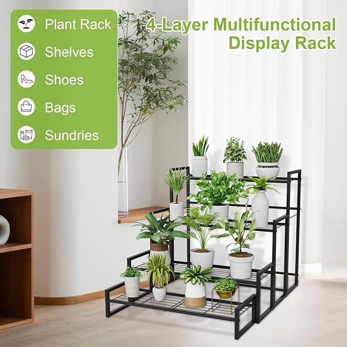 Plant Stand, 4 Tier Stackable Tiered Plant Stand, Scalable Heavy Duty Tall Plant Shelf for Indoor Outdoor, Garden, Display Shelves, Flower Pot Holder, Black