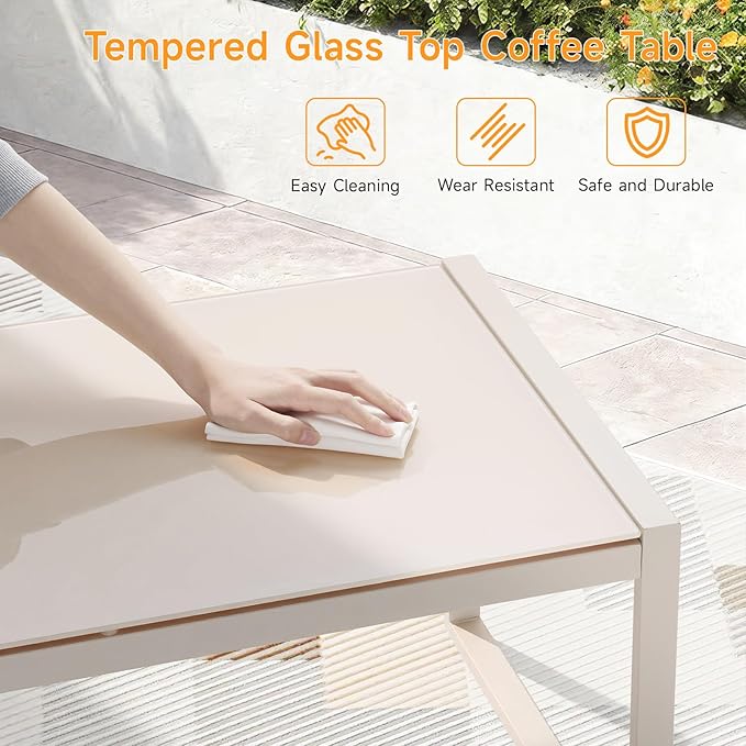 ONBRILL Rectangle Coffee Table with Tempered Glass Desktop, Galvanized Frame Outdoor Coffee Table with Adjustable Feet for Patio, Balcony, Deck, Living Room, Sand