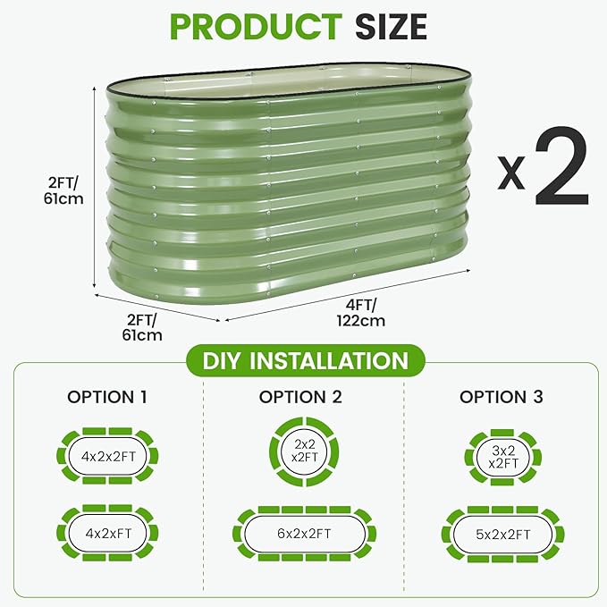 Galvanized Raised Garden Bed Outdoor 24'' Deep | Oval Metal Garden Beds with Easy Assembly & Planter Box for Planting Deep Root Vegetables Fruits Flowers, 4x2x2ft OliveGreen 2Pcs