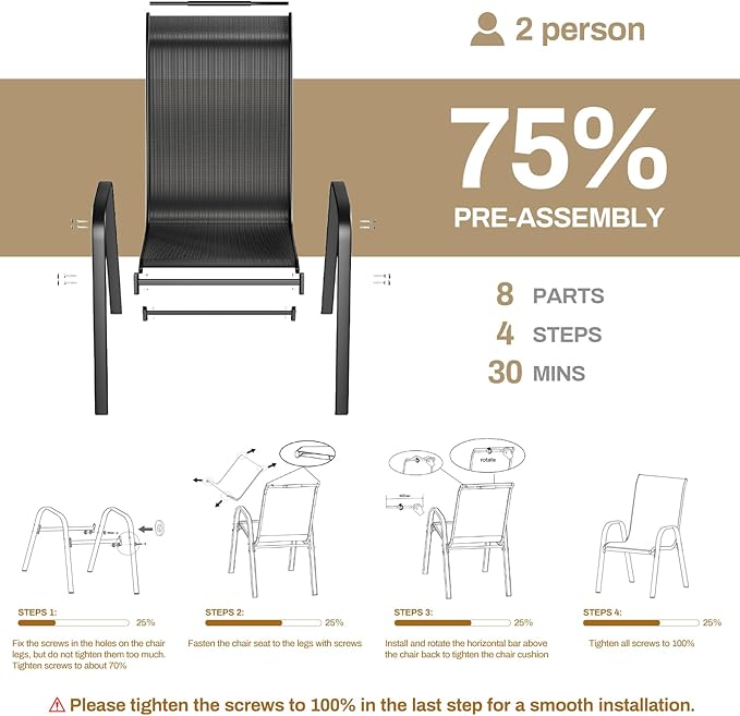 TLSUNNY Patio Chairs, Stackable Textilene Outdoor Dining Furniture for All Weather, with 17.7″ Wide Seat & Metal Frame, for Garden, Backyard, Deck, Restaurant, Poolside (6, Black, 26.4″)