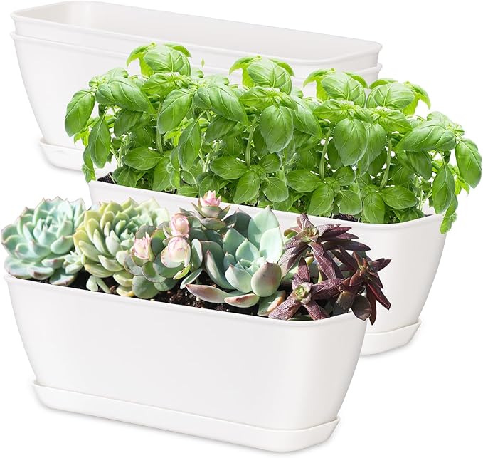 4-Piece White Rectangular Window Sill Planters with Drainage Holes and Trays (11 Inches) for Basil, Orchids, and Succulents Modern Herb Garden Planters Suitable for Indoor/Outdoor Plants