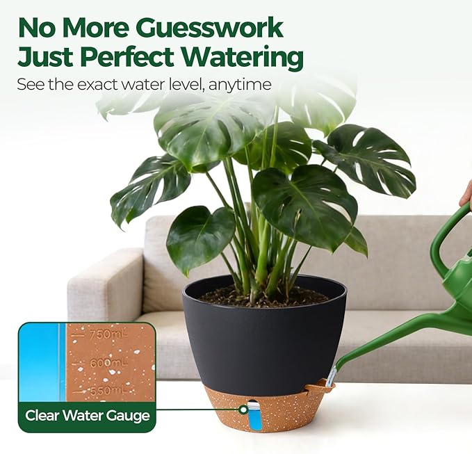 T4U 3 Pack Self Watering Pots (8"+10"+12") - Water Level Indicator & Deep Reservoir, Mess-Free Planters for Busy People, Beginners & Gardeners, Fits Pothos to Monstera, Indoor Outdoor Use (Black)