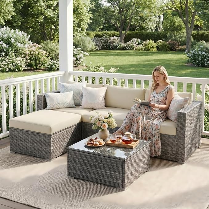 Outdoor Patio Furniture Set, Rattan Outdoor Sectional Furniture, Patio Conversation Sets for Balcony, Porch, Backyard, Deck, Garden, Beige