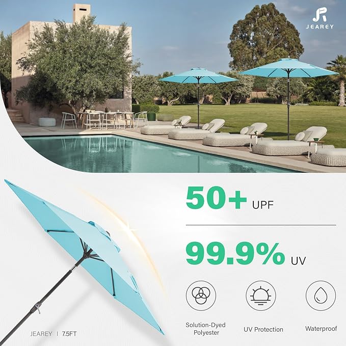 JEAREY 7.5FT Patio Umbrella Outdoor Market Umbrella with 6 Sturdy Ribs, Push Button Tilt/Crank Table Umbrella for Garden, Deck, Backyard and Pool, Baby Blue