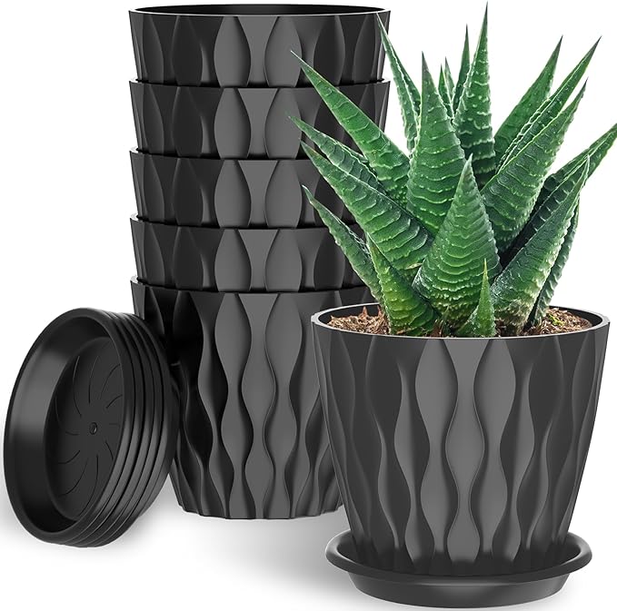 6 Pack 6 Inch Indoor Plant Pots with Drainage Holes, Outdoor Plastic Decorative Flower Pots, Garden Planters with Tray Saucers for Orchids, Violets, Succulents, Herbs, and Other Plants
