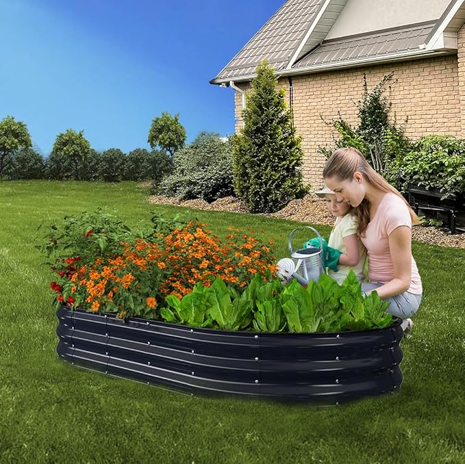 Raised Garden Bed, 6x3x1ft Galvanized Outdoor Planter Beds with Safety Edging and Gloves, Oval Metal Planter Box for Gardening Vegetables Flowers Herb-Midnight Blue