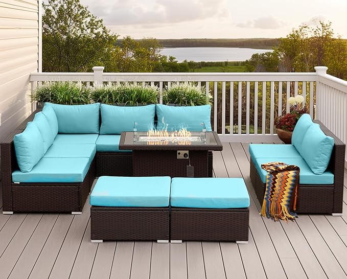 NICESOUL10 Piece Outdoor Couch Furniture Set with Fire Pit Natural Gas/Propane, 29.3'' High Back Luxury Comfortable Conversations, Deep Wide Seating Sofa Sectional, Brown and Turquoise