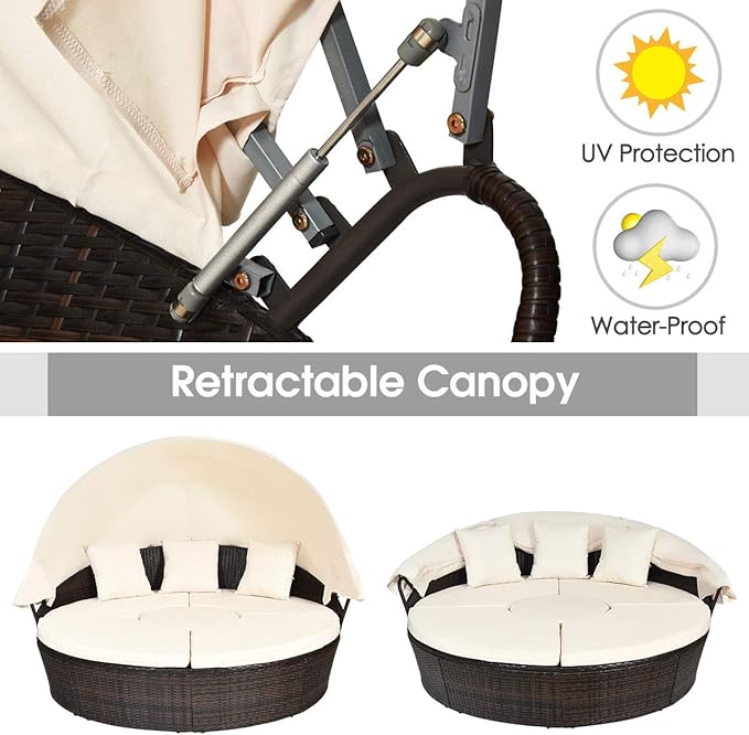 Tangkula Patio Round Daybed with Retractable Canopy, Outdoor Wicker Rattan Furniture Sets, Sectional Cushioned Sofa Set w/Height Adjustable Coffee Table, Rattan Conversation Sets (Beige)