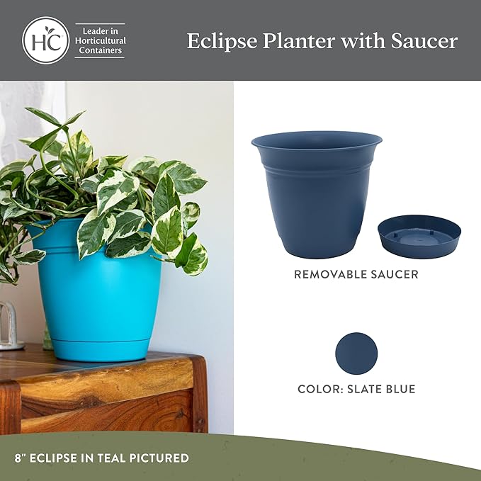 The HC Companies 8 Inch Eclipse Round Planter Pots with Drainage Holes & Attached Saucer, Lightweight UV-Resistant Plastic Indoor & Outdoor Planters, 4-Pack Flower Pots, Garden Home Decor, Slate Blue