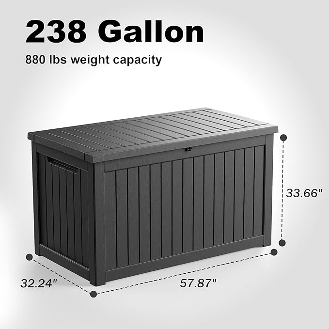 ROJIK Outdoor Storage Housing Deck Box - Waterproof Patio Furniture, Garden Tools, Cushions, Pool Accessories Storage Bench with Lockable Lid and Side Handles (Black 238 Gal)