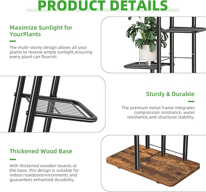 Simple Trending Plant Stand Indoor, Tall 6 Tier Metal Plant Shelf for Multiple Plants, Tiered Flower Pot Stands for Patio Garden Balcony Living Room Bedroom, Brown