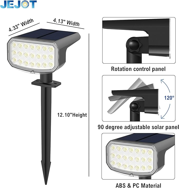 Solar Lights Outdoor Waterproof IP65, Super Bright LED with Lens, 3000K 2 Lighting Modes, Solar Powered Yard Garden Solar Spot Lights for Outside Landscape Auto On/Off -2 Pack