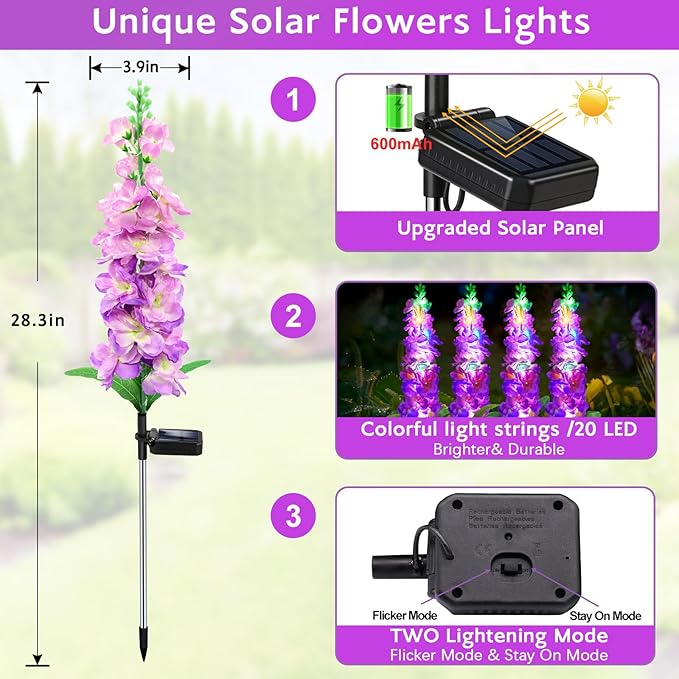 Solar Garden Lights, Solar Purple Delphinium Flowers Lights 4 Pack 80 LEDs, Waterproof Outdoor Light Two Lighting Modes for Outside Wedding Party Garden Yard Patio Lawn Decor