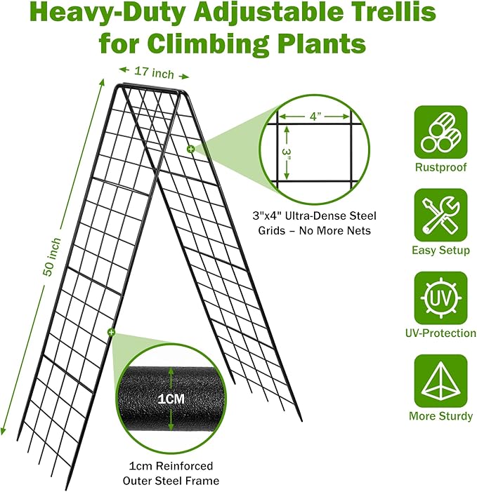 Heavy Duty 2 Pack 50"x17" Adjustable A-Frame Trellis for Climbing Plants Outdoor, Metal Rust-Proof Garden Trellis, Dense Grid Climbing Frame Trellis for Raised Beds, Cucumber, Tomatoes Outdoor