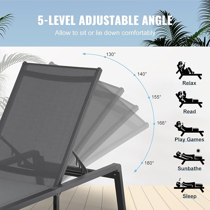 VEVOR Chaise Lounge Chair Outdoor, Aluminum Patio Lounge Chairs with Adjustable 5-Position, Folding Pool Chair Recliner and Full Flat Tanning Chairs for Patio, Beach, Pool, Dark Grey