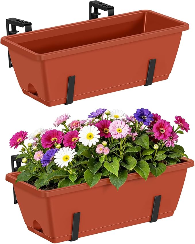 CADUKE Railing Planter Boxes Deck 2 Pack Railing Flower Box with Adjustable Bracket 17 Inch Window Boxes Rectangle Window Deck Hanging Planters Boxes for Outdoor Patio, Red