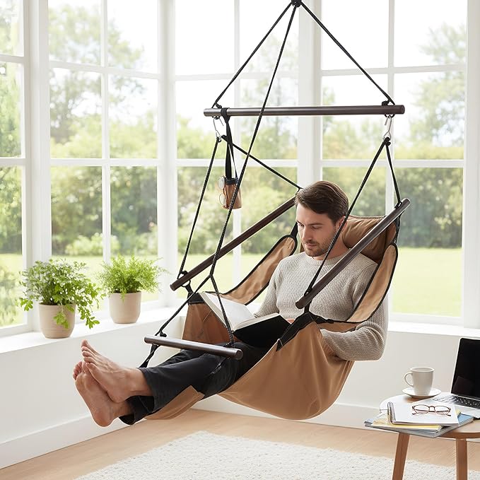 ONCLOUD Upgraded Unique Hammock Hanging Sky Chair, Air Deluxe Swing Seat with Rope (Tan)
