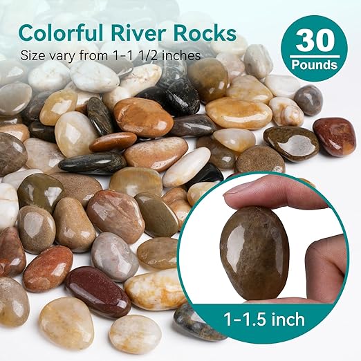 30 lbs River Rocks, 1-1 1/2 inch Plant Rocks for Pots Indoor, Decorative Garden Rocks Outdoor Landscaping, Polished Natural Stone for Walkways, Yard, Vases, Crafts