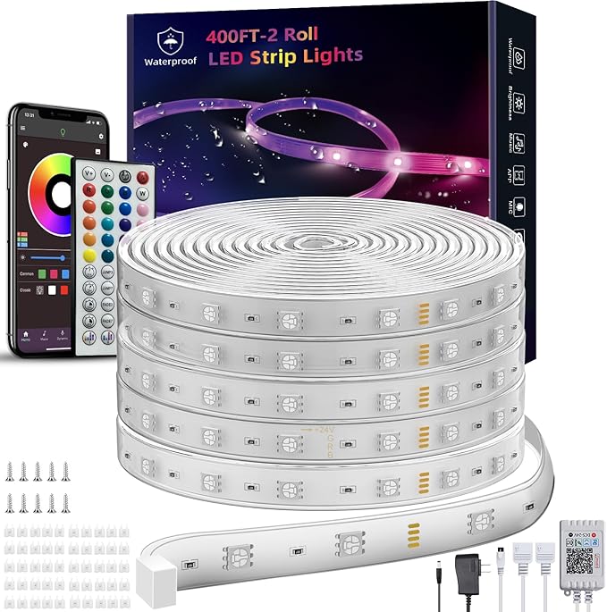 398ft (2*199ft) Outdoor Led Strip Lights Waterproof, Ip68 Outside Led Light Strip Waterproof with Remote and App Control, Exterior Led Rope Lights Music Syne RGB Strip Lights for Party Decor