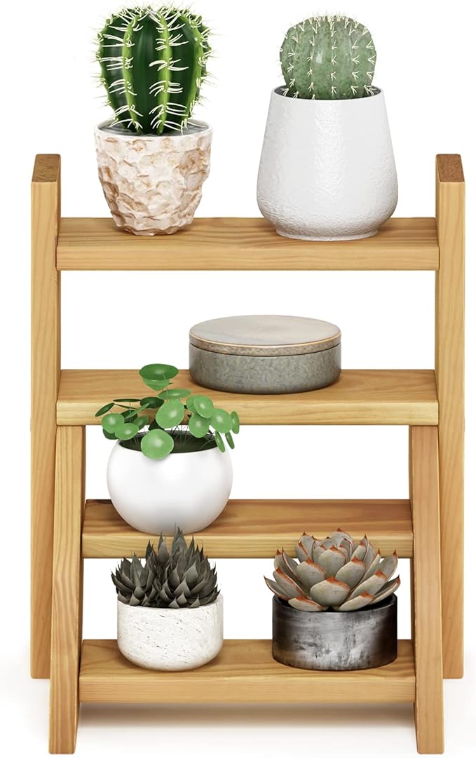 Furinno TIOMAN Plant Stand Indoor Outdoor, Tabletop Mini Ladder Planter Stand, Planter Shelf, Organizers, Indoor, Outdoor, Patio, Balcony, Garden, Pine Wood