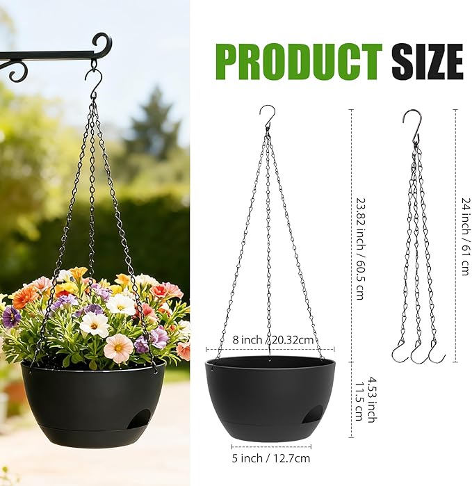 8 Inch Hanging Planters for Indoor Outdoor Plants, 4 Pack Black Plastic Self Watering Hanging Baskets with Drainage Holes and Chain for Garden Porch