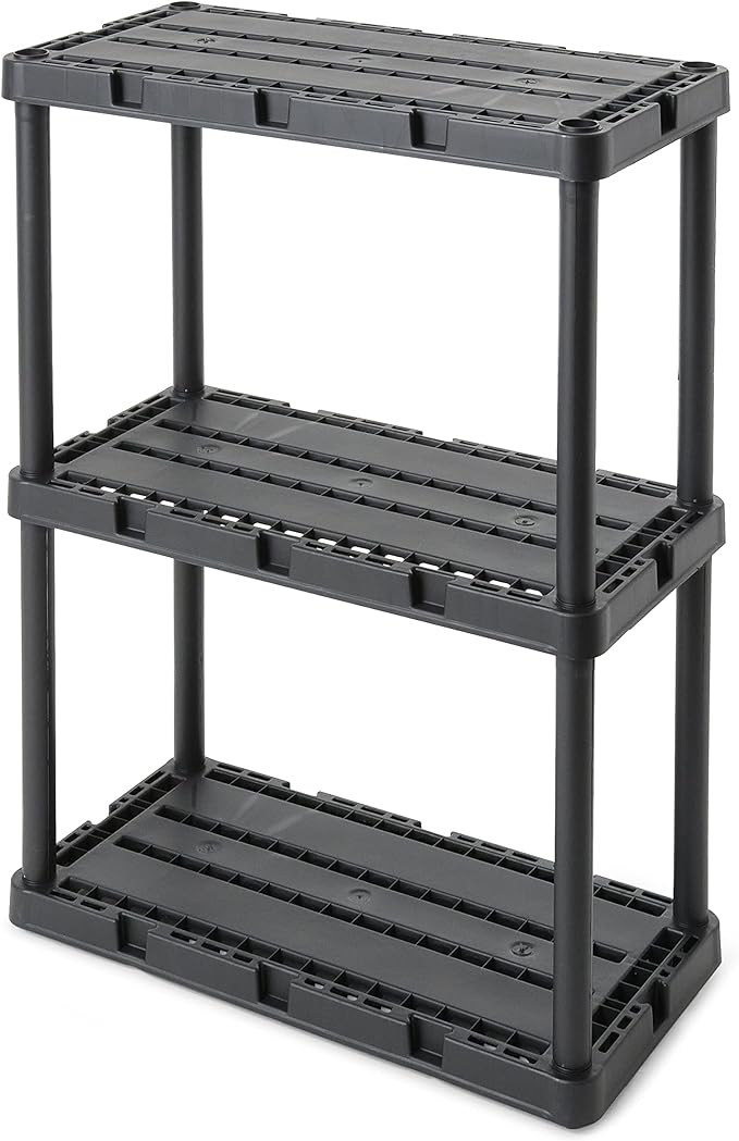 Gracious Living 4 Pack Light Duty Storage Shelves, Knect-A-Shelf 3-Shelf Ventilated Shelving Rack Organizer for Home, Garage, Basement, Laundry, Black