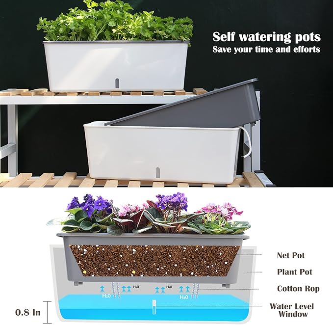 2 Pack Rectangular Planter 17 x 4.5 in Self Watering Planter Window Sill Planters Indoor Rectangle Planter Self Watering Pots Plastic Plant pots with Drainage Holes White Flower Pot Indoor