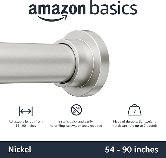 Amazon Basics No Drill Adjustable Indoor Outdoor Tension Curtain Rod, 54-90" Length, Nickel