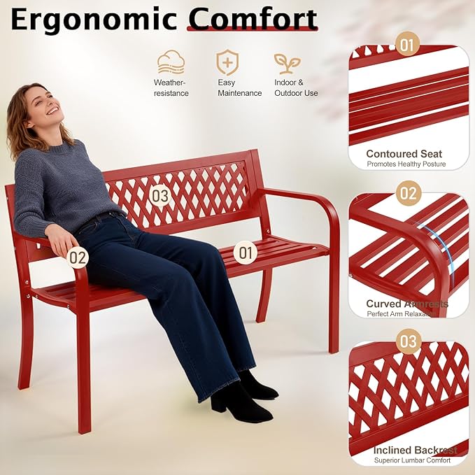 VINGLI 47'' Outdoor Bench, Weather Resistant Garden Patio Bench Powder Coated Iron Frame w/PVC Mesh Backrest Slatted Seat, 2-Person Outdoor Furniture for Front Porch Entryway Park (Red)